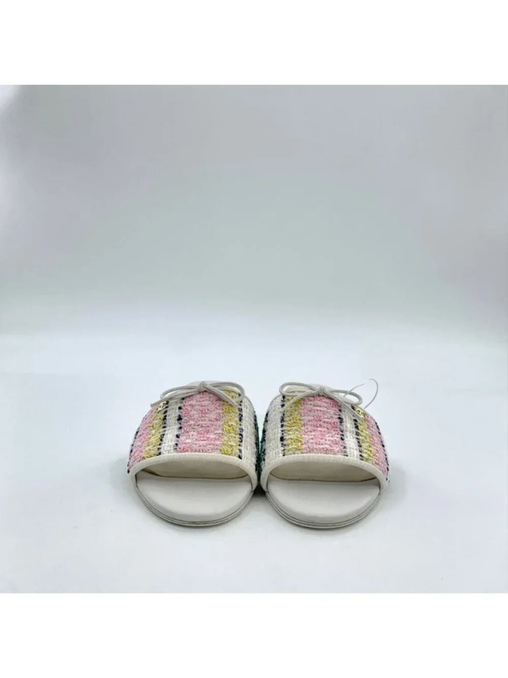 Chanel White Tweed Bow Slide Sandals